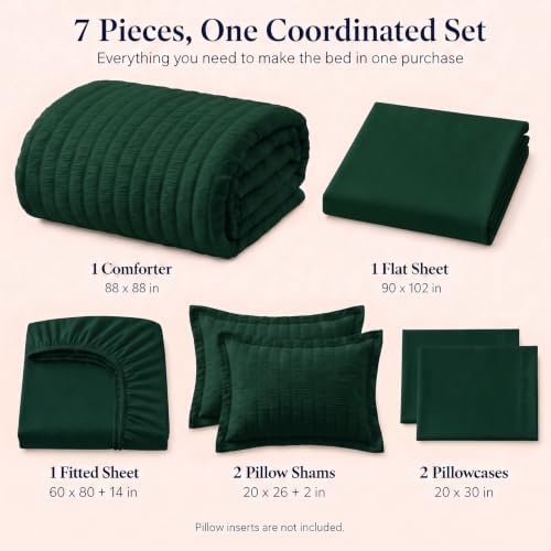 CozyLux Queen Comforter Set, 7 Pieces Emerald Green Seersucker Bed in a Bag - Image 2