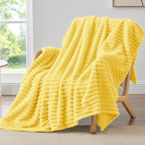 BEDELITE Ribbed Fleece Throw Blanket for Couch, Custard Yellow, 50"x60" by BEDELITE