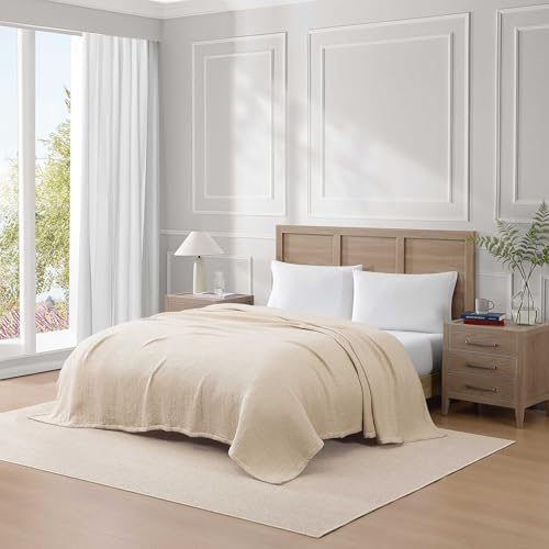 Tommy Hilfiger - Queen Cotton Blanket, Woven Running Stitched Bedding, Medium Weight Soft Blanket, Anti-Pilling & Fade Resistant, Ideal for Layering, Oeko-TEX Certified (Beige) - Image 2