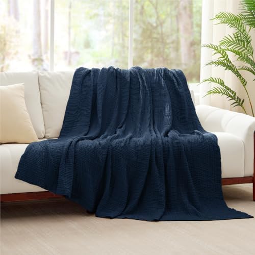 100% Cotton Muslin Blanket 50" x 60", Breathable and Lightweight Cotton Throw Blankets for Couch, Soft Cooling Summer Gauze Blanket for Adults All Season, Navy Blue - Image 6