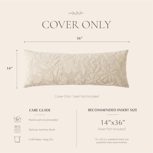 BlissBlush 14x36 Lumbar Pillow Cover for Bed, Rectangular Decorative Long Throw Pillowcase, Embroidered Farmhouse Accent Cushion, Beige Neutral Floral Tufted (Cover Only) - Image 6