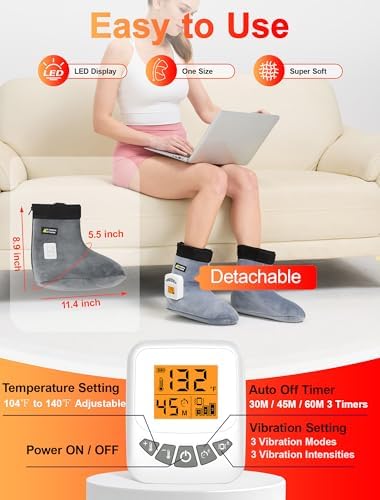 CAMECO 2-in-1 Cordless Foot Heating Pad & Massagers for Feet Neuropathy Pain Relief, 5000mAh 104℉-140℉ Heated Foot Warmers for Women Men, Rechargeable Vibration Heating Booties for Ankle Under Desk - Image 4