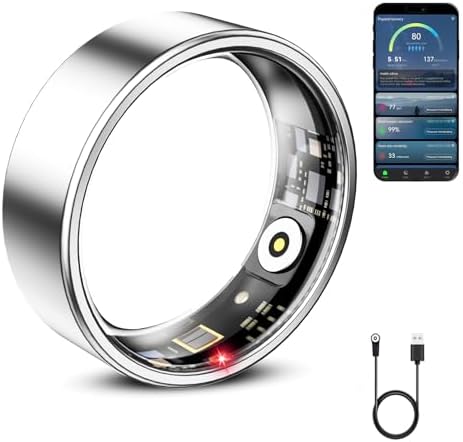 Mirlray Smart Ring for Women & Men, Smart Ring Health Tracker, Blood Oxygen & Heart Rate Monitor, Long Lasting Battery Sleep Ring, Waterproof Fitness Ring (R02C, Silver, 8) by Unknown