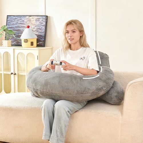 19" Reading Pillow for Bed,U Shaped Arm & Elbow Support,Gray Faux Fur by Wervity