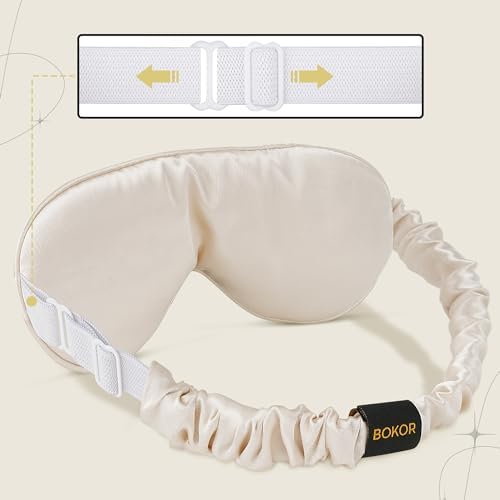 BOKOR Adjustable Silk Sleep Eye Mask for Women and Men, Luxury Mulberry Silk Eye Cover, Light-Blocking Improve Sleep Quality,with Travel Bag - Champagne - Image 2
