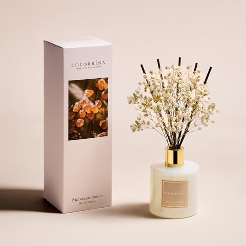 COCORRÍNA Reed Diffuser - Moroccan Amber 6.7 Fl.oz Reed Diffuser Set with Sticks & Preserved Baby's Breath, Reed Diffuser for Home Bathroom Shelf Decor - Image 2
