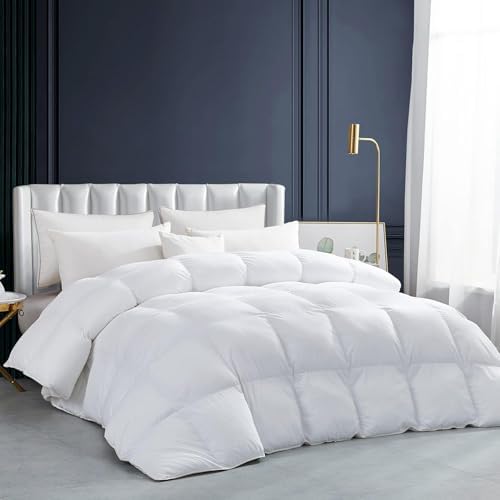 Luxurious White Solid Heavy Weight, Oversize Queen Goose Feathers Down Comforter for Winter Weather Duvet Insert, Premium Baffle Box, 100% Egyptian Cotton Cover, 70 oz. Fill Weight by EgyptianBedding