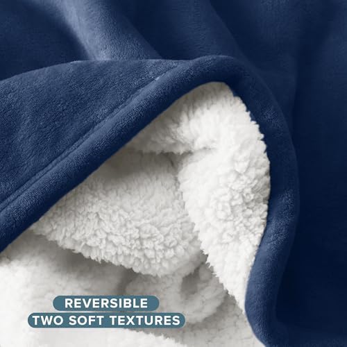 Bare Home Sherpa Fleece Blanket (Throw, Dark Blue) - Image 5