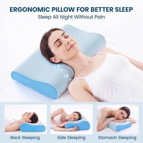 FP FLEXPEDIC Cervical Neck Pillow for Neck Pain Relief, Odorless Memory Foam Pillow with Adjustable 2 Heights,Cooling Bed Pillow Neck Support Pillow, for Side, Back & Stomach Sleepers, Standard(Blue) - Image 6