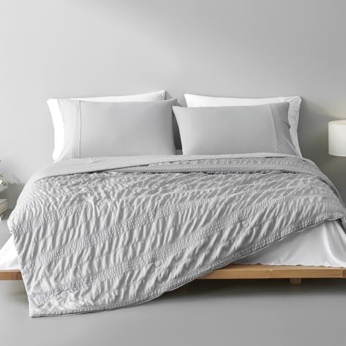 Cozy Bliss Seersucker Cooling Comforter King Size, Q-Max 0.45 Reversible Lightweight Cooling Blanket, Breathable Silk Smooth Summer Bedding Quilt for Hot Sleepers Night Sweats Light Grey by CozyBliss