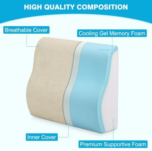 Back Support Pillow for Recliner Dual Layer Lumbar Support Pillow with Gel Memory Foam Ergonomic Orthopedic Lumbar Cushions for Elderly Lower Back Pain Relief Washable Cover Khaki - Image 2