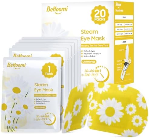 BeHoomi 20 Packs Steam Eye Mask, Heated Eye Mask Warm Compress for Eyes, Disposable Self Heating Steam Mask for Home, Sleep, Spa, Travel Essentials & Relaxation Gifts for Women (Chamomile) by BeHoomi
