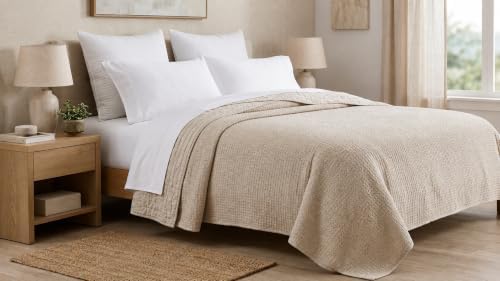 HILLFAIR 100% Combed Cotton Blanket– Twin Bed Blanket– Soft Cozy Warm Multipurpose Throws for Luxury Home Decor– 66 x 90 inch Twin XL Size Cotton Blankets for Beds- Bed Blankets for All Season- Sand - Image 3