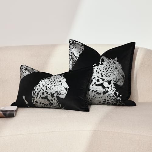 Velvet Throw Pillow Covers 18x18'' inches, New Upgrade Handmade Embroidered Cheetah Leopard Face Pillow Covers, Decorative Cushion Cover for Sofa Bed Living Room(Silver) - Image 2