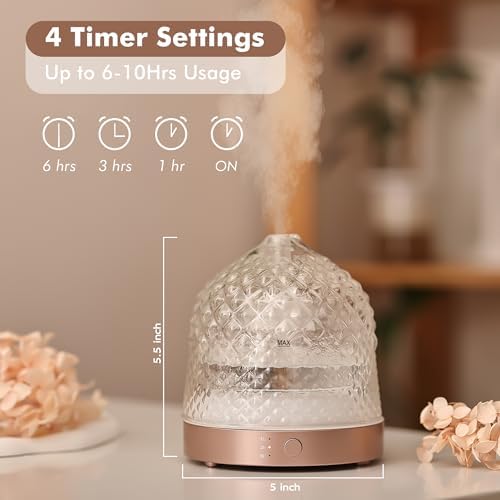 200ml Glass Reservoir Essential Oil Diffuser with Glass Dome Ultrasonic Aromatherapy Diffuser with Four Timer Colorful Light Auto-Off for Home Office Bedroom - Image 3