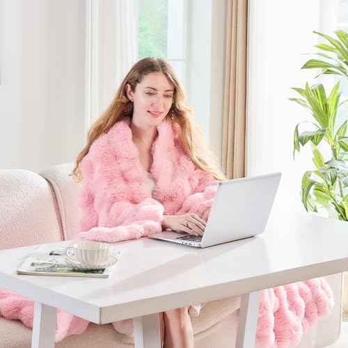 Lotus Karen Faux Fur Throw Blanket Pink - Big Bubble Rabbit Fluff Blanket for Couch, Large Fluffy Fuzzy Cozy Blanket,Thick Furry Plush Shaggy Blankets,90x90 Inches - Image 6