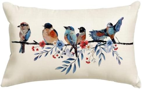 RABUSOFA 4th of July Memorial Day Patriotic Lumbar Throw Pillow Cover,12x20 Inch Red White and Blue Birds Flowers Independence Day American Fourth of July Decoration for Sofa Couch by RABUSOFA
