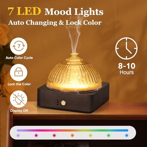 Lecdura Glass Essential Oil Diffuser with Glass Reservoir & WoodBase, 200ml Ultrasonic Lock Color Timer Auto-Off 7 Color Light Aroma Glass Dome Diffuser for Home Office Bedroom Yoga - Dark Brown - Image 6