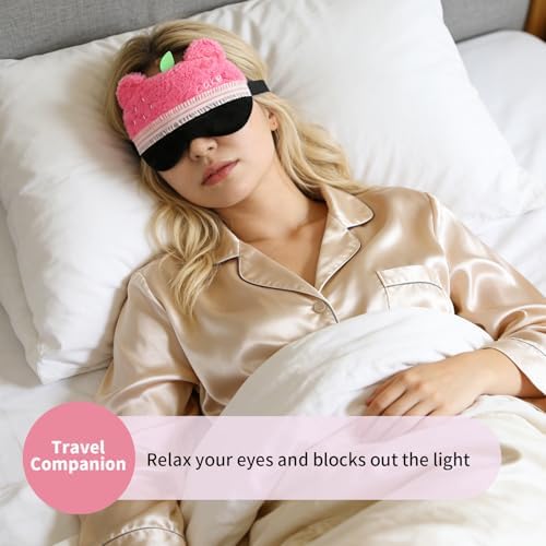 PERFECTSIGHT Sleep Eye Masks, Cute Bear Plush Sleep Eye Cover Lightweight Adjustable Eyeshade Faux Fur Mask Cover for Women Men Kids Sleep Travel Nap, Rose Pink Cake - Image 3