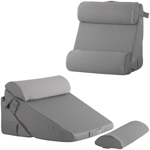 Bedluxe Adjustable 4pcs Bed Wedge Pillow Set, Memory Foam Wedge Pillows Post Surgery for Back, Neck, Leg Pain Relief, Pillow Wedge for Sleeping, Sitting up in Bed, Acid Reflux and GERD, Grey by Bedluxe