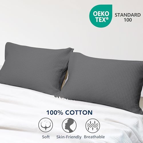 Zaizaihome 100% Egyptian Cotton Waffle Weave Pillowcases King Size 2 Pack - Image 6