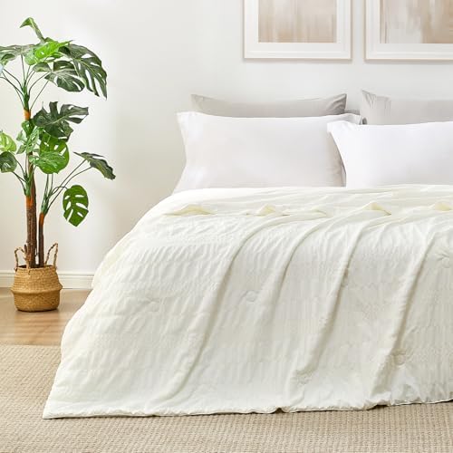 Cozy Bliss Seersucker Cooling Comforter Queen Size, Q-Max 0.45 Reversible Lightweight Cooling Blanket, Breathable Silk Smooth Summer Bedding Quilt for Hot Sleepers Night Sweats Cream White by CozyBliss