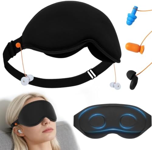3D Contoured Sleep Mask with Earplug Keeper,Earbuds Anti-Loss,100% Pressure-Free & Total Light Blocking Eye Mask with Adjustable Strap. Ideal for Sleep Earplug User, Airplane Travel, Meditation Black by VFM