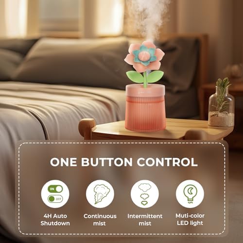 Flower Mini Humidifier, Cute Small Humidifiers, USB Portable Personal Cool Mist Desktop Humidifiers, Cooling for Home Office Car Summer Travel (260ml, Pink Gardenia) - Image 6
