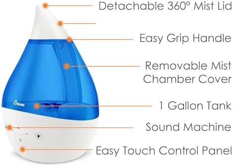Crane 4-in-1 Drop 2.0 Ultrasonic Cool Mist Humidifier with Sound Machine, Night Light, Aroma Tray, 1 Gallon Top Fill, Blue & White - Image 3
