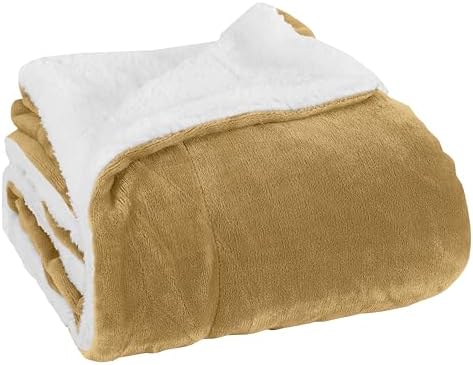 Elegant Comfort Luxury Ultra-Plush Velvet Touch Fleece Throw Soft, Warm, Cozy| Micromink Sherpa-Backing Reversible Blanket for Bed, Sofa and Couch, Solid Gold by ELEGANTCOMFORT