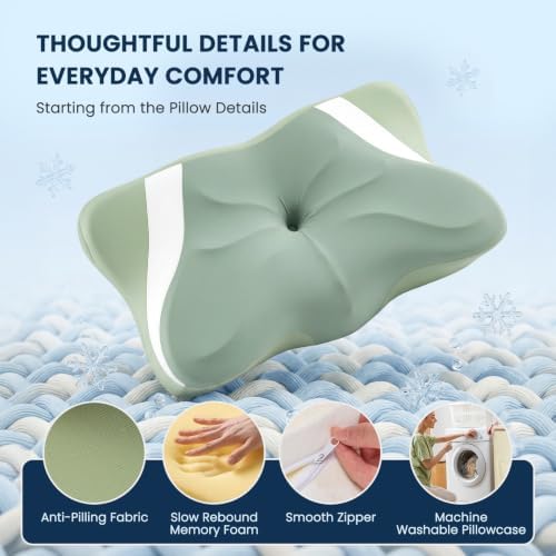 Sweetcrispy Queen Cervical Pillow for Neck and Shoulder - Ergonomic Memory Foam Pillows, Contour Side Sleeper for Adults, Cooling Orthopedic Neck Support for Back Stomach Sleepers, Green - Image 5