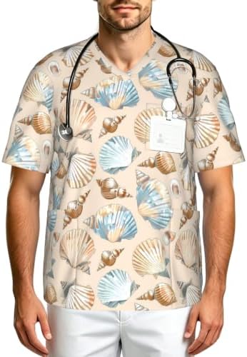Men's Scrub Top,V-Neck Spill Wrinkle Resistant,3 Pockets-Seashells (3) by Unknown