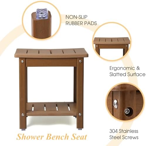 Apolimi Shower Chair, HDPE Shower Bench for Inside Shower to Sit On It, Shower Stool with Storage Shelf 2-Tier Spa Stool for Elderly,Water Resistant & Non-Slip Design Shower Seat Bench (Teak S Size) - Image 5