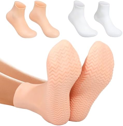 Silicone Moisturizing Socks for Dry Cracked Feet - 2 Pairs, XL Long Size, Non-Slip Heel Socks for Women and Men - High Stretch Foot Care Pedicure - White & Beige by Vigdit