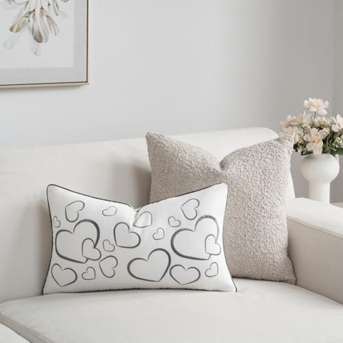 Sanmetex Embroidery Loving Heart Lumbar Pillow Covers, Soft Decorative Throw Pillow Case 12x20 Inches for Bed Bedroom Living Room and Home Décor Grey - Image 4