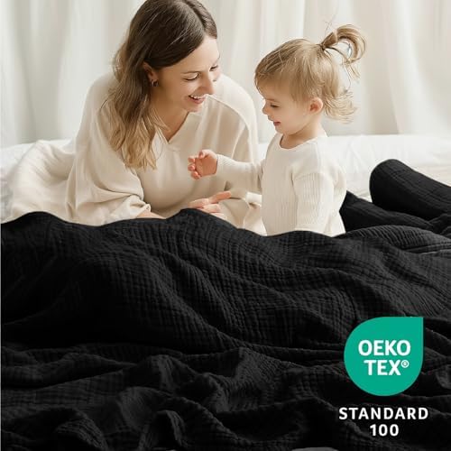 100% Cotton Muslin Blanket 40" x 40", Breathable and Lightweight Cotton Throw Blankets, Soft Cooling Summer Gauze Blanket for All Season, Black - Image 2