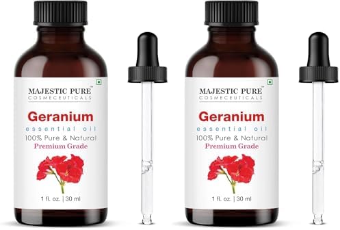 Majestic Pure Essential Oil with Glass Dropper - 100% Pure and Natural - Essential Oils for Diffuser, Aromatherapy, Soap and Candle Making, Geranium Essential Oil, Geranium Oil, 1 Fl Oz (Pack of 2) by BeautyandPersonalCare