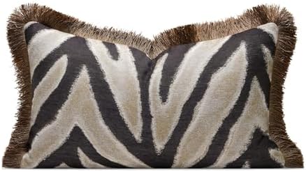 Luxury Zebra Lumbar Pillow Cover with Brown Tassel Trim, Zebra Pattern Jacquard Design Decorative Pillow Case for Sofa Bedroom Living Room, 12x20 Inch (Single Pack) by AIBUHOME
