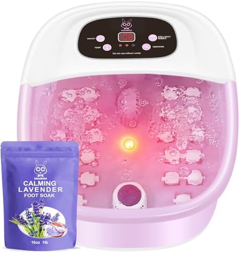 Foot Spa Bath Massager with Heat Bubbles and Vibration Massage and Jets, 16 OZ Calming Lavender Foot Soak Epsom Salt, Foot Soaker with Red Light, 22 Massage Rollers, Adjustable Temp - Pink by Unknown