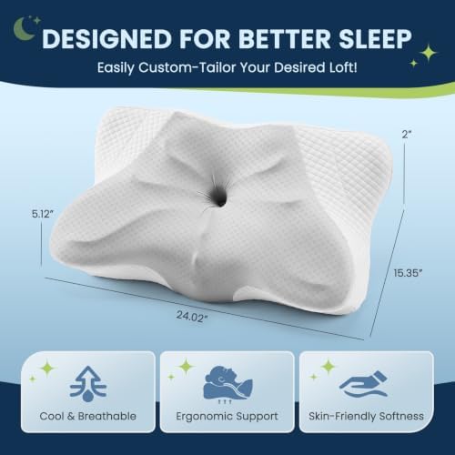 Sweetcrispy Queen Cervical Pillow for Neck and Shoulder - 2 Pack Ergonomic Memory Foam Pillows, Contour Side Sleeper for Adults, Cooling Orthopedic Neck Support for Back Stomach Sleepers, Grey - Image 2