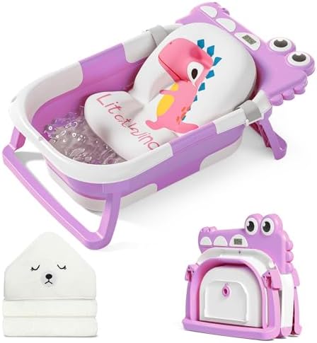 MoreFeel Collapsible Baby Bathtub for Newborn with Thermometer & 1 Hooded Towel & 1 Soft Floating Cushion,Portable Travel Bathtub with Drain Hole, Durable Foldable Baby Tubs for Infants to Toddler by Morefeel