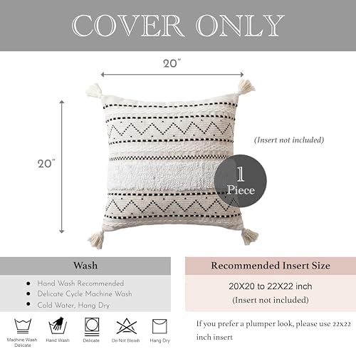 BlissBlush 20X20 Throw Pillow Cover, Cream Neutral Square Decorative Cushion Cover with Black Pattern, Boho Accent Pillowcase with Tufted Details and Tassels for Couch Sofa Living Room (Cover Only) - Image 4