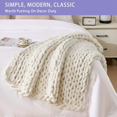 Bigacogo Chunky Knit Throw Blanket for Couch, 40x40 inches, Vintage White - Image 3