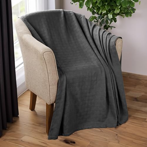 Superior Basketweave Cotton Blanket, Basket Weave Design, Soft, Comfy Cover for Bed, Bedding, Bedroom, Couch Throw, Lounging, Modern Boho Medium Weighted Blankets, Throw Size, Black - Image 2