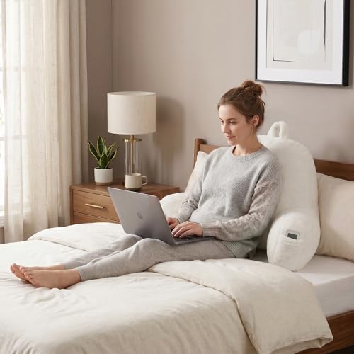Soft Reading Pillow for Bed with Arms,Middle,White,Faux Fur - Image 2
