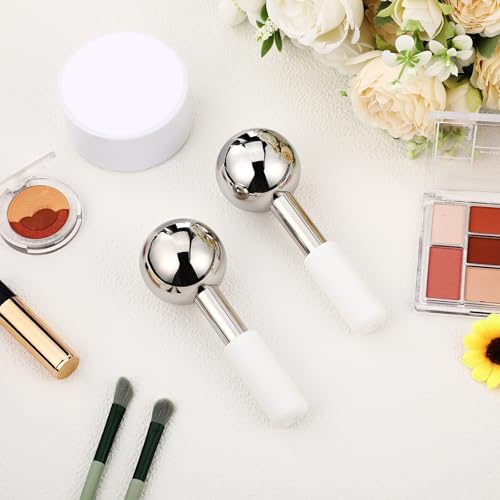 Baderke 2 Pcs Ice Globes for Face Stainless Steel Cooling Globes Unbreakable Cooling Roller Women Ice Balls Cryo Sticks Facials Skin Care for Dark Circles, Puffiness(Silver (White Handle)) - Image 6
