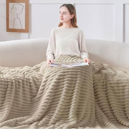 BEDELITE Ribbed Fleece Throw Blanket for Couch, Linen, 50"x70" - Image 6