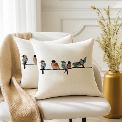 RABUSOFA Outdoor Birds Pillow Covers 20x20 Inch,Lumbar Small Throw Pillows for Couch,Spring Summer Hand-Painted Pillowcases,Teal Blue Pillows Decorative Throw Cushion Covers Cotton Linen for Sofa - Image 3