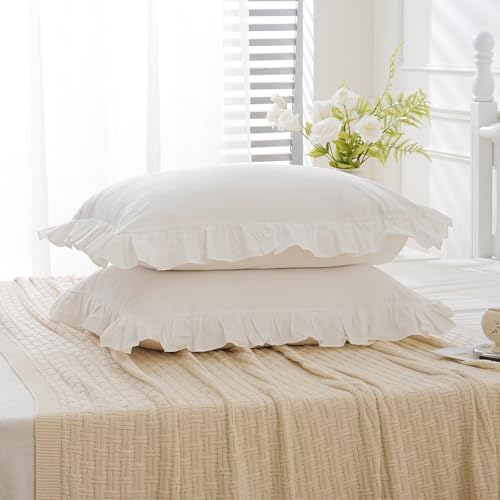 2 Pack Shabby Off White Ruffle Pillow Shams Standard Size, 20x26 Inches - Image 3