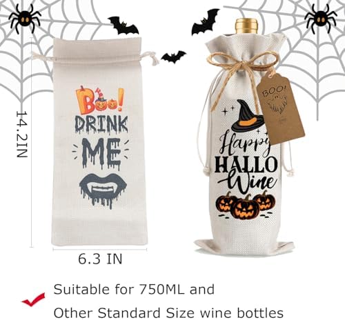 1Pcs Happy Hallo Gifts Wine Bag,Halloween Wine Bag Happy Hallo wine Halloween Gifts Party Decorations for Women Men with 1Pcs Kraft Blessing Cards and natural jute rope - Image 2